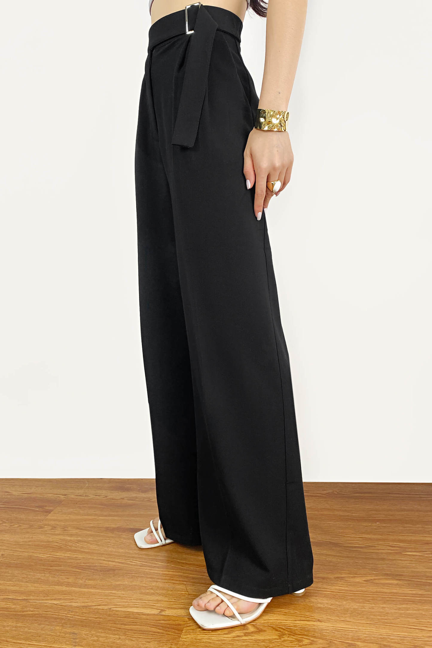 Black Buckle Strap Detail Pleated Front Wide Leg Pants