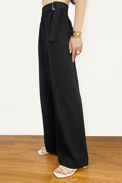 Black Buckle Strap Detail Pleated Front Wide Leg Pants