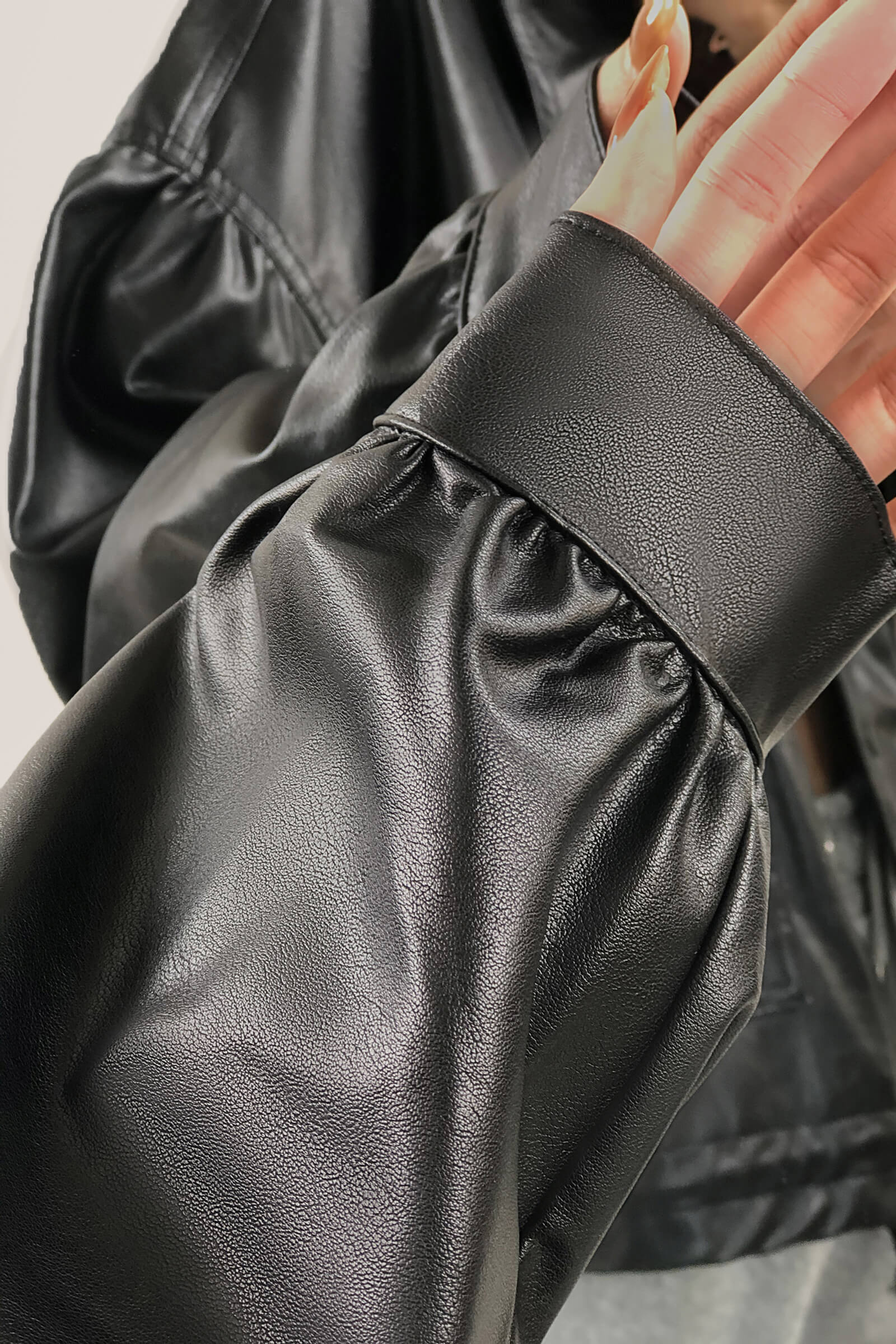 Black Drawstring Hem Button Front Flap Pocket Vegan Leather Jacket