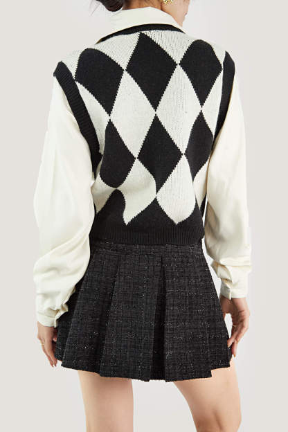 Black Diamond Layered Knit Cardigan Attached Vest