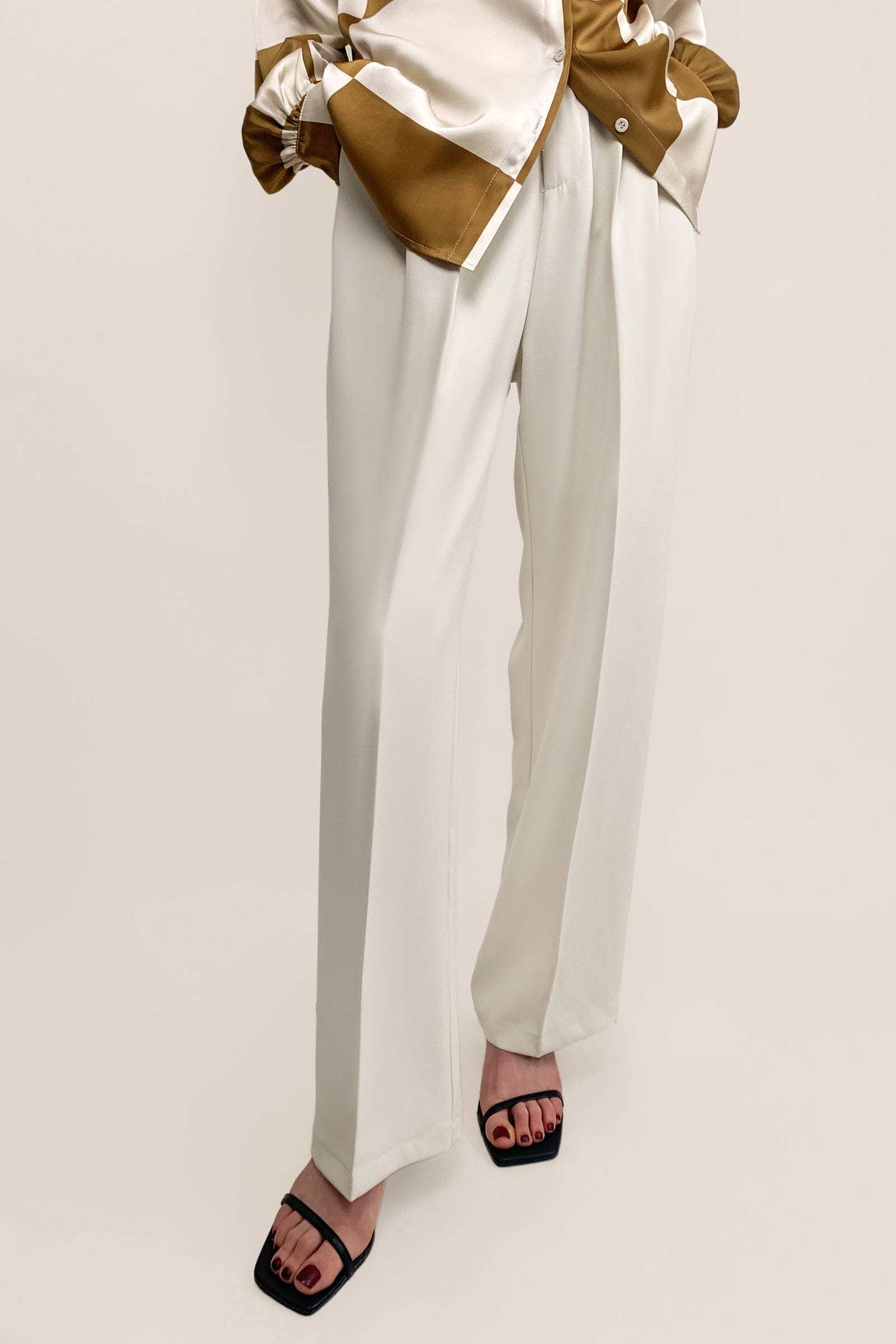 White Pleat Detail Wide Leg Work Pants