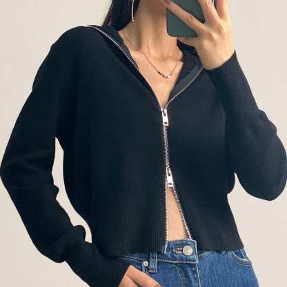 Black Wool-Blend Collared Zip-Up Cardigan