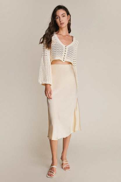 Ivory Satin High Rise A-Line Midi Skirt