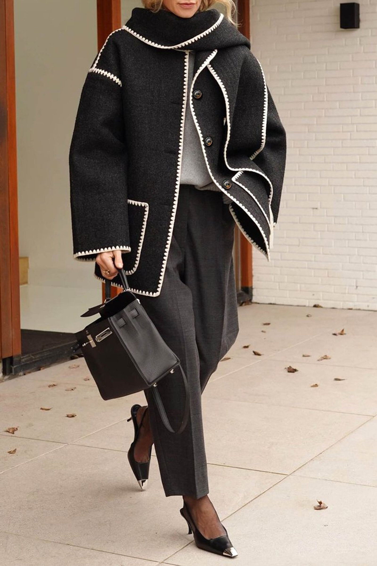 Black Contrast Drop Shoulder Wool-Blend Tweed Coat with Scarf