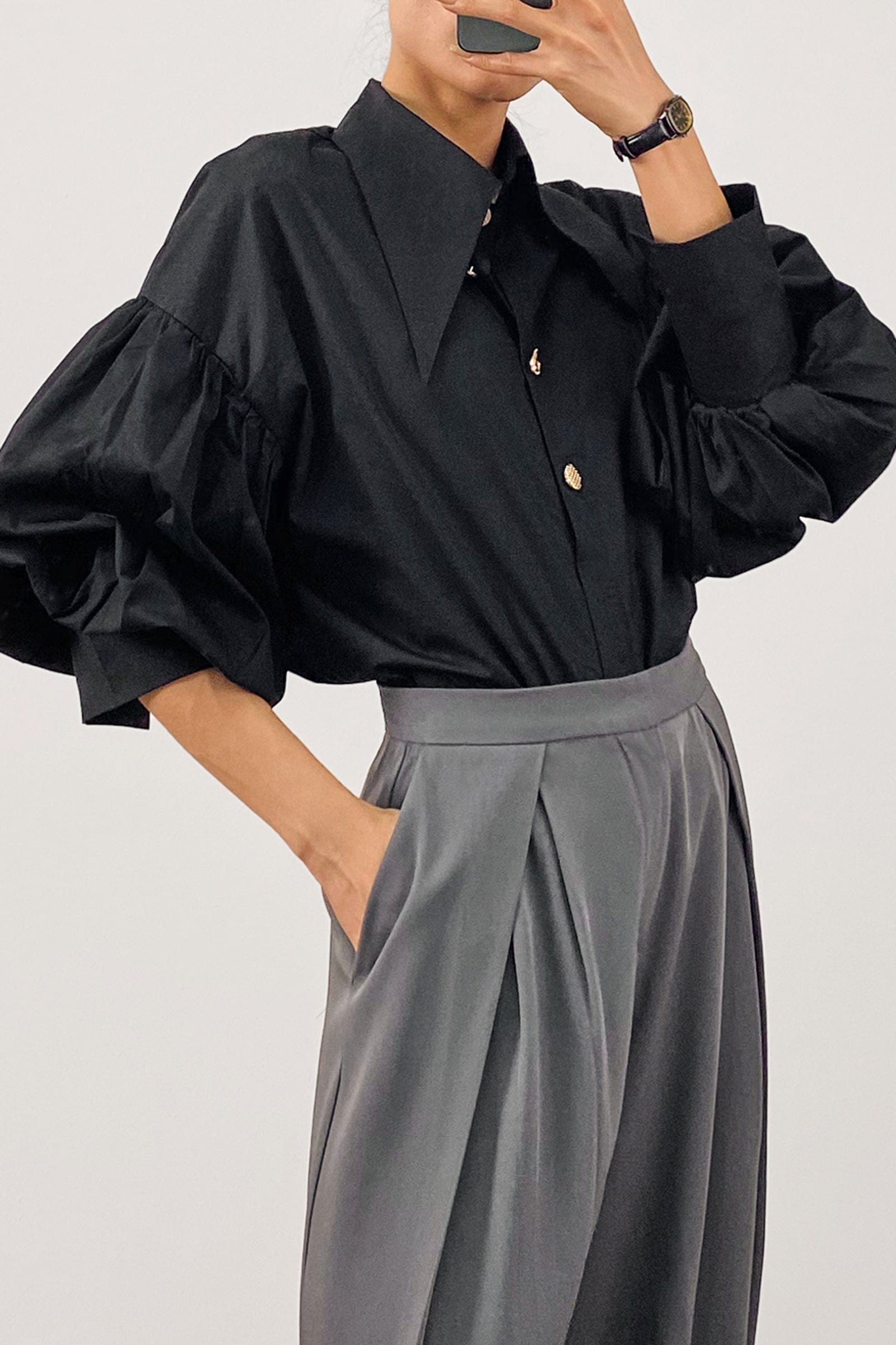 Black Pointed Collar Button Detail Lantern Sleeve Shirt