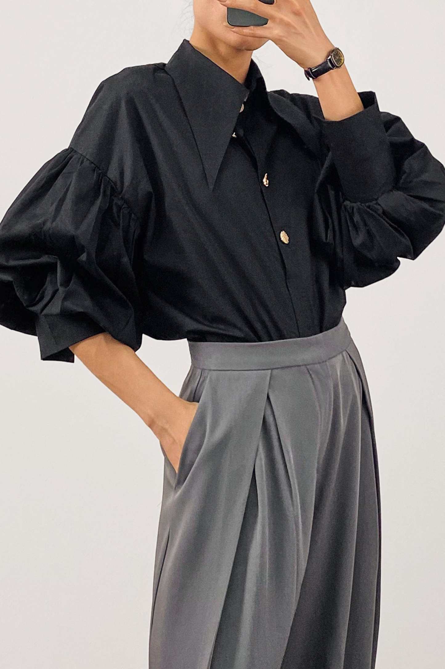 Black Pointed Collar Button Detail Lantern Sleeve Shirt