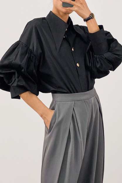 Black Pointed Collar Button Detail Lantern Sleeve Shirt