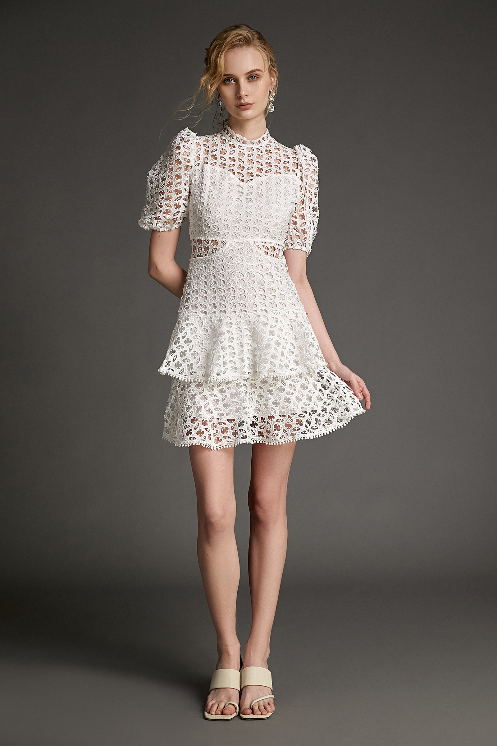 White Crochet Lace Pom Pom Tiered Mini Dress