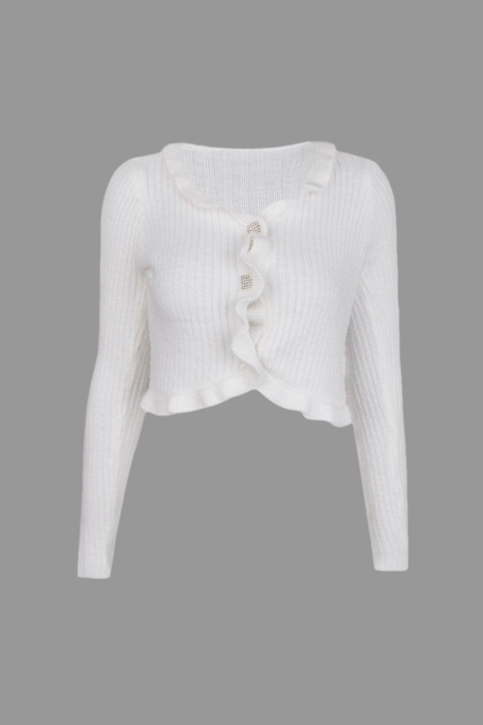 White Ruffle Trim Ribbed Knit Fitted Cardigan