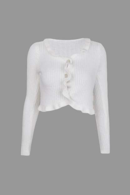 White Ruffle Trim Ribbed Knit Fitted Cardigan