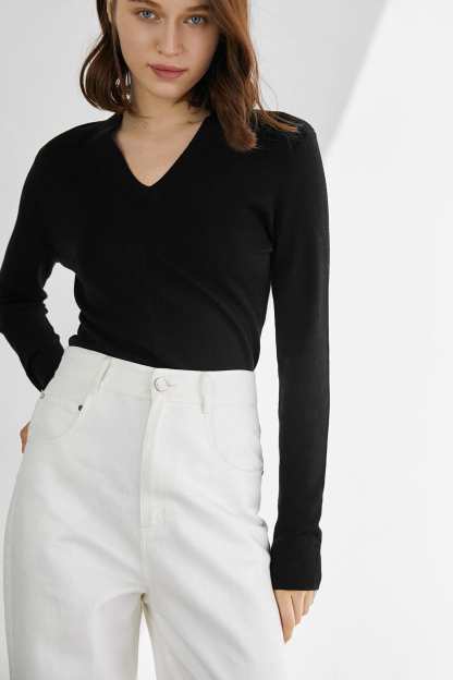 Aislin Premium Wool Black Long-Sleeve Button-Up Sweater