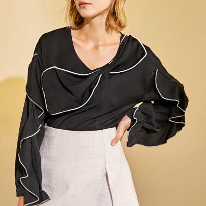 Black Contrast Trim Bowknot Blouse