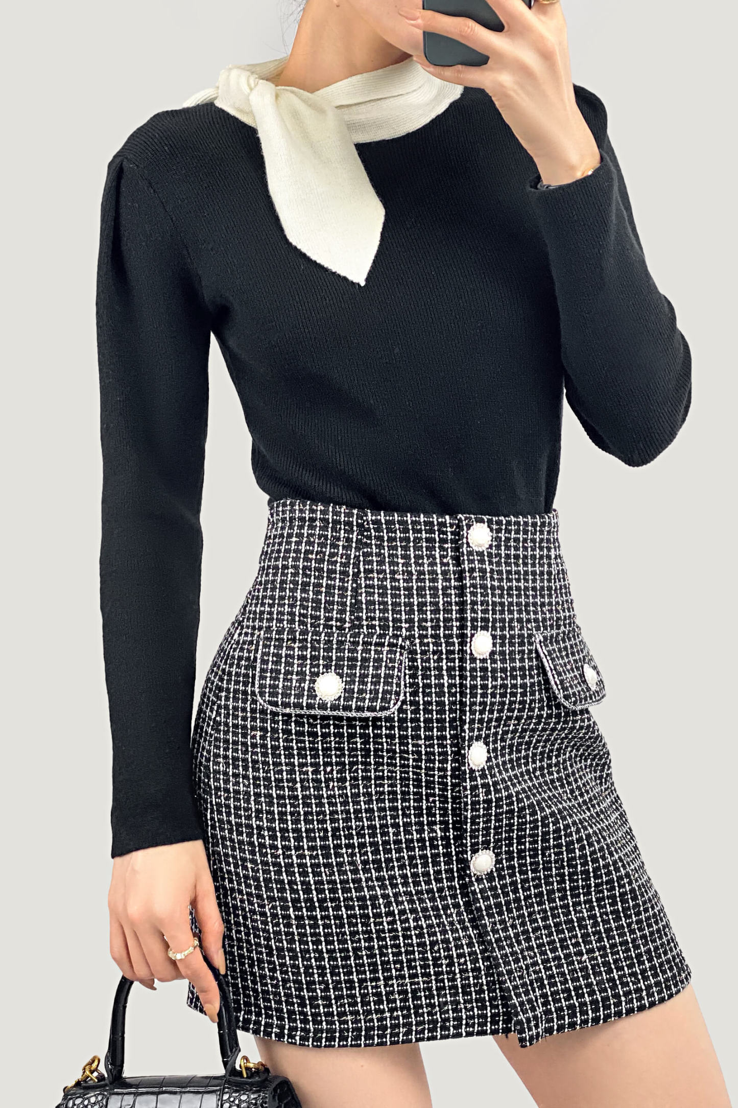 Black Turtleneck Color Block Tie Detail Sweater