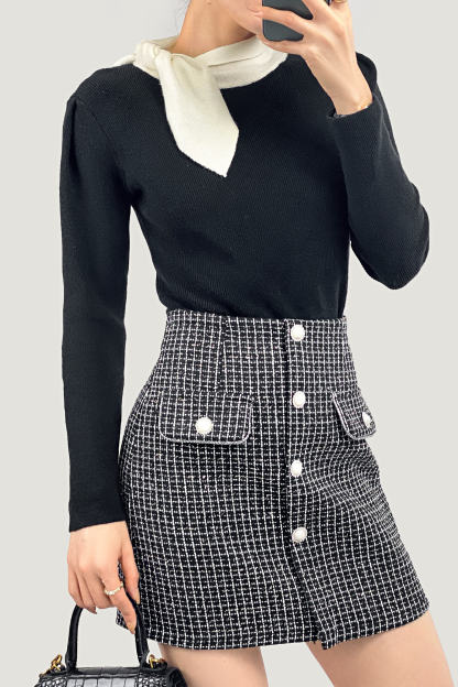 Black Turtleneck Color Block Tie Detail Sweater