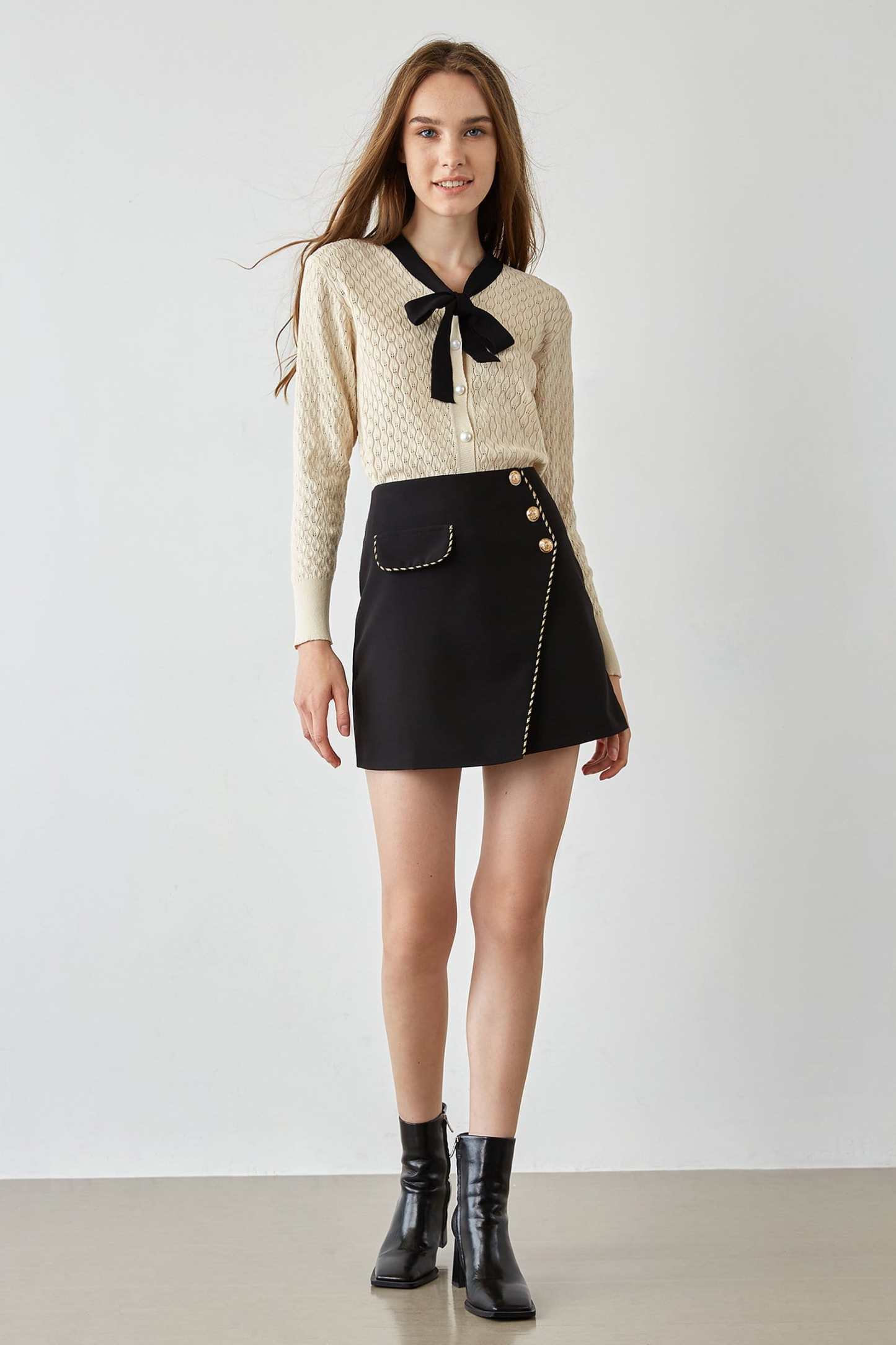 Ashtyn Beige Contrast Bow Tie Cardigan