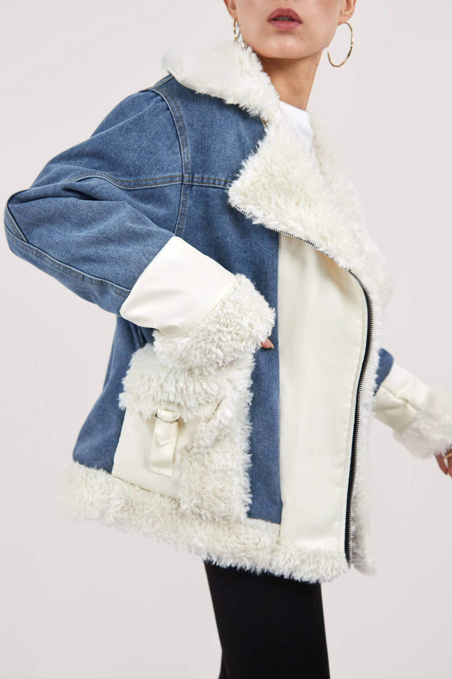 Zip Up Teddy Denim Jacket