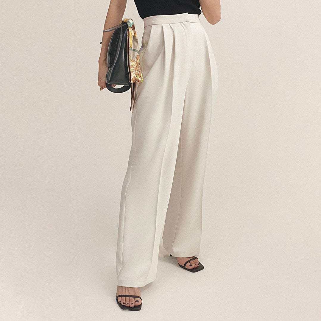 White Pleat Detail Wide Leg Work Pants-J.ING