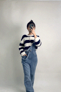 Dark Blue Striped Button-Up Fuzzy Knit Cardigan