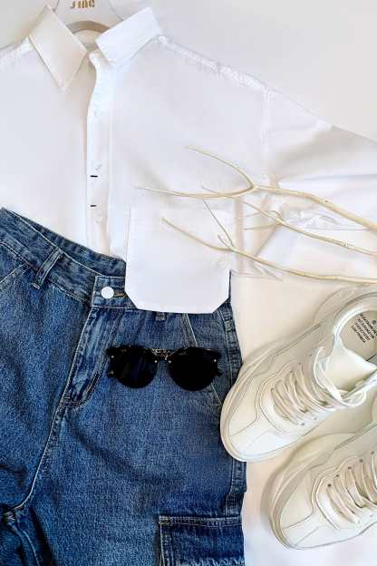 White Pocket Detail Cropped Shirt