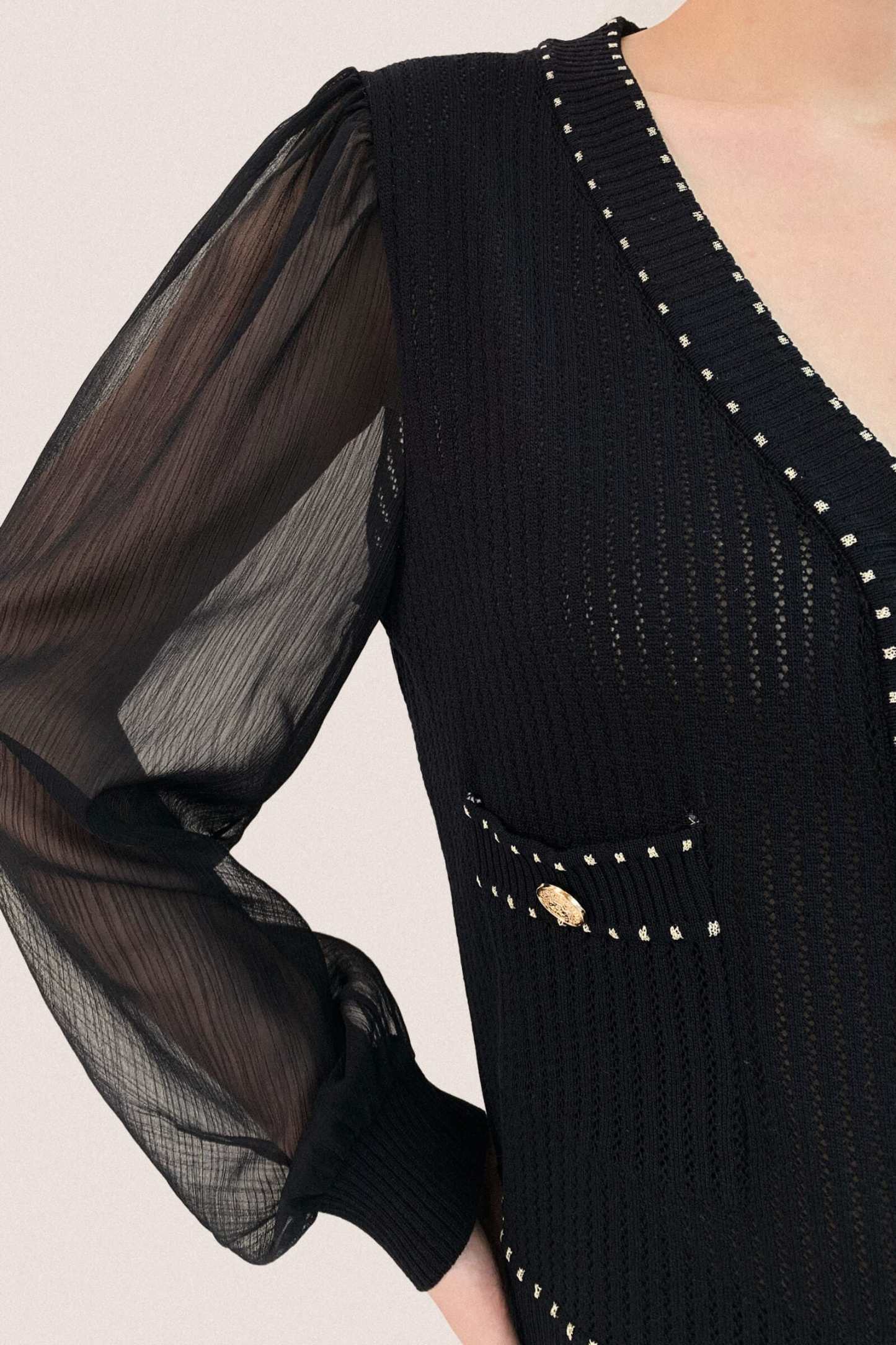 Black Sheer Long Sleeve Pointelle-Knit Cardigan With Gold Buttons