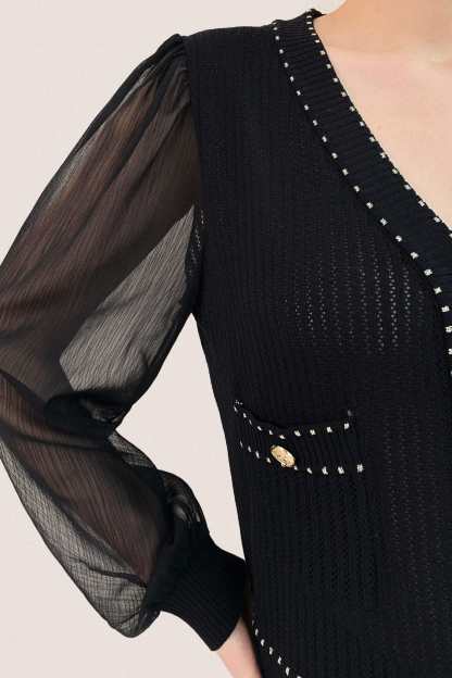 Black Sheer Long Sleeve Pointelle-Knit Cardigan With Gold Buttons