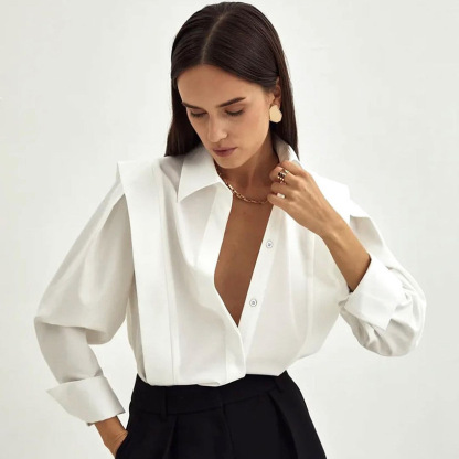 Autumn New Right-Angle Shoulder White Shirt Commuter Temperament Design Sense Niche Long-Sleeved Shirt