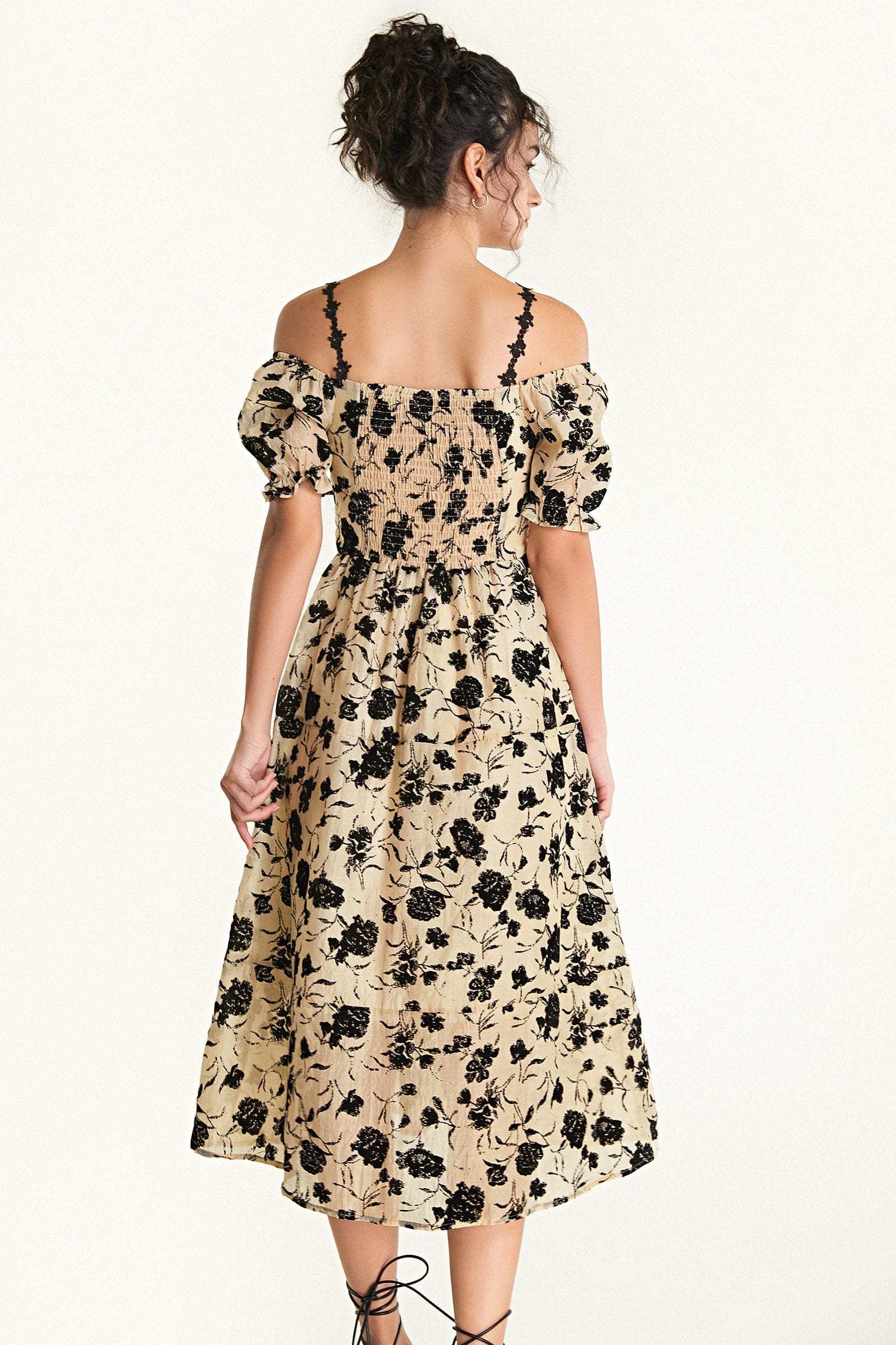 Beige Off-the-Shoulder Velvet Floral Midi Dress