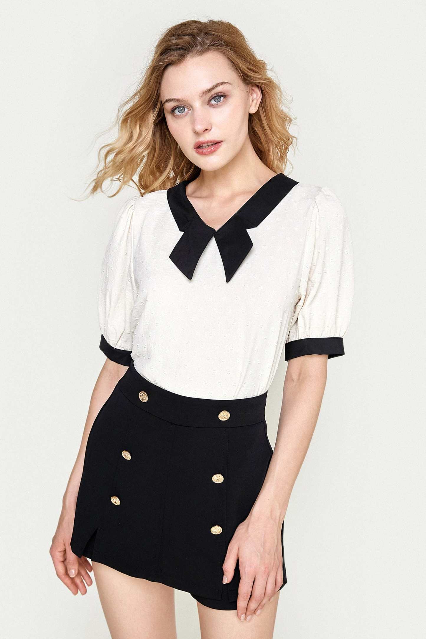 Beige Swiss Dot Short Sleeve Blouse