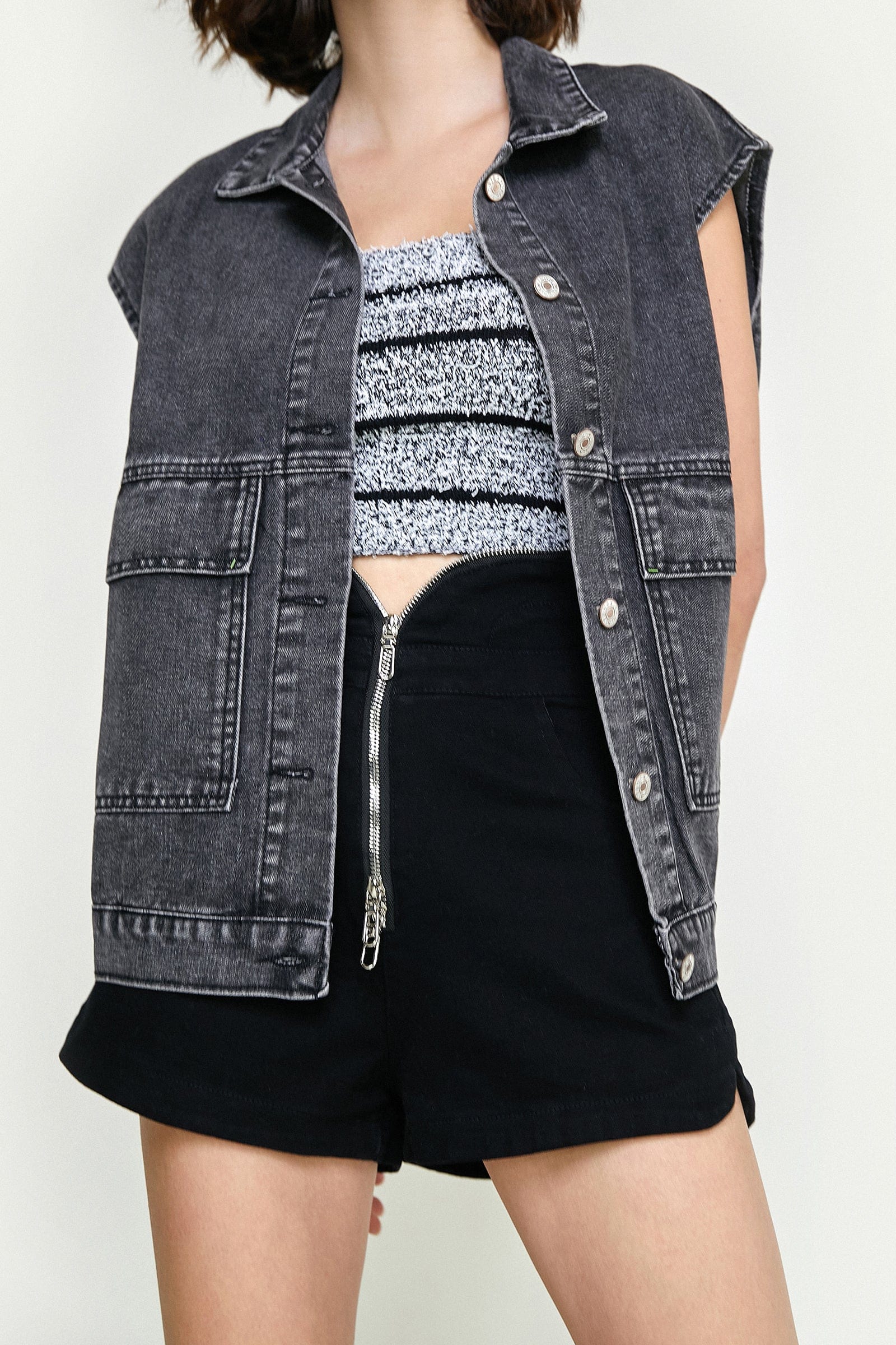 Black Collared Flap Pocket Button Front Denim Vest