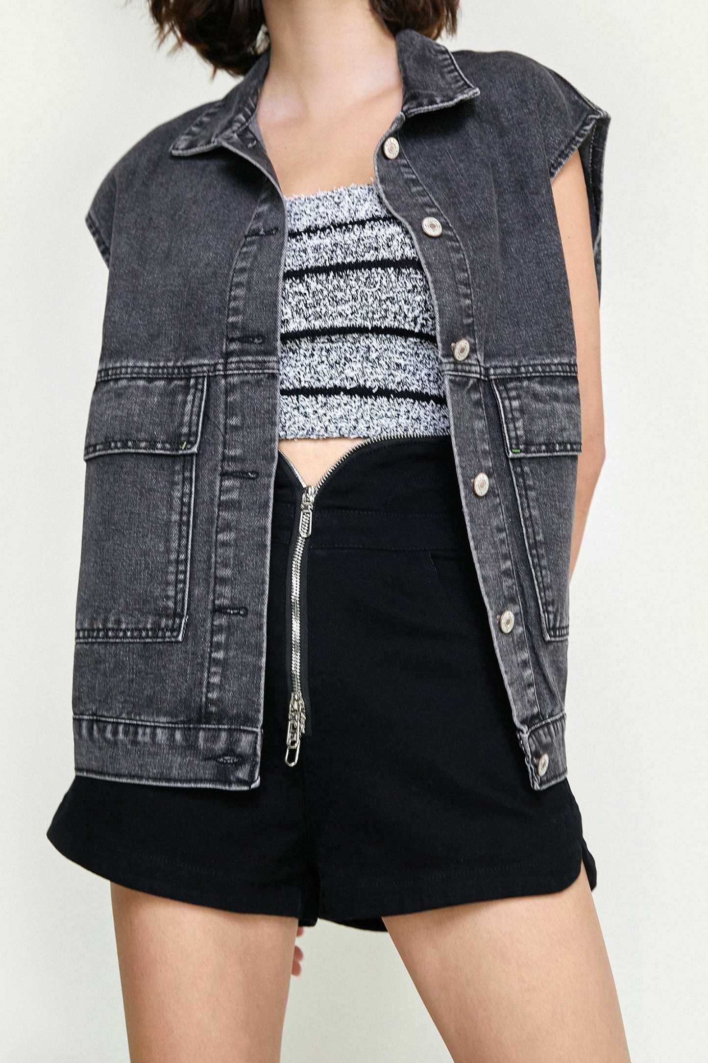 Black Collared Flap Pocket Button Front Denim Vest