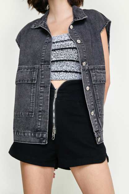 Black Collared Flap Pocket Button Front Denim Vest