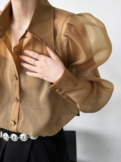 Puff Sleeve Long Sleeve Shirt Caramel Color