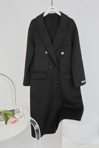 Black Premium Wool Double-Breasted Longline Coat