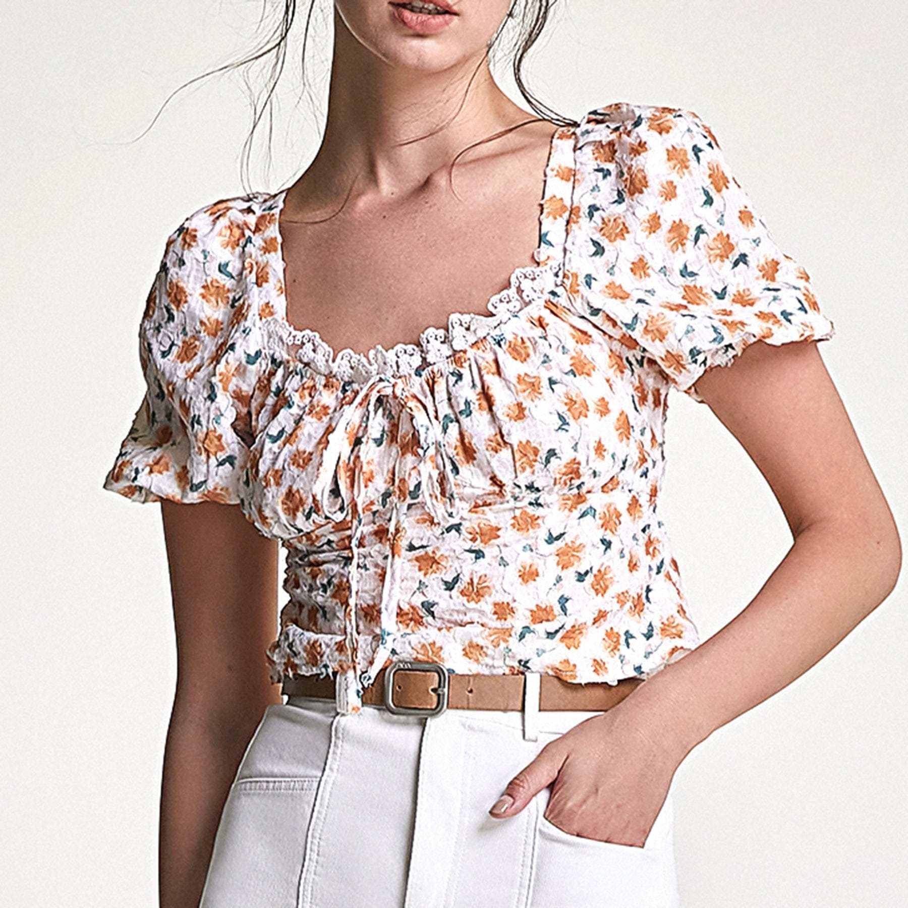 Peru Textured Floral Print Tie Detail Lace Trim Cropped Blouse