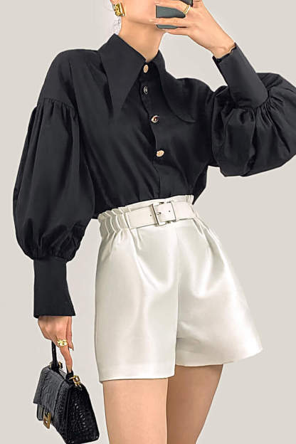 Black Pointed Collar Button Detail Lantern Sleeve Shirt