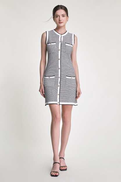 Grey Sleeveless Button Front Pocket Detail Knitted Mini Dress