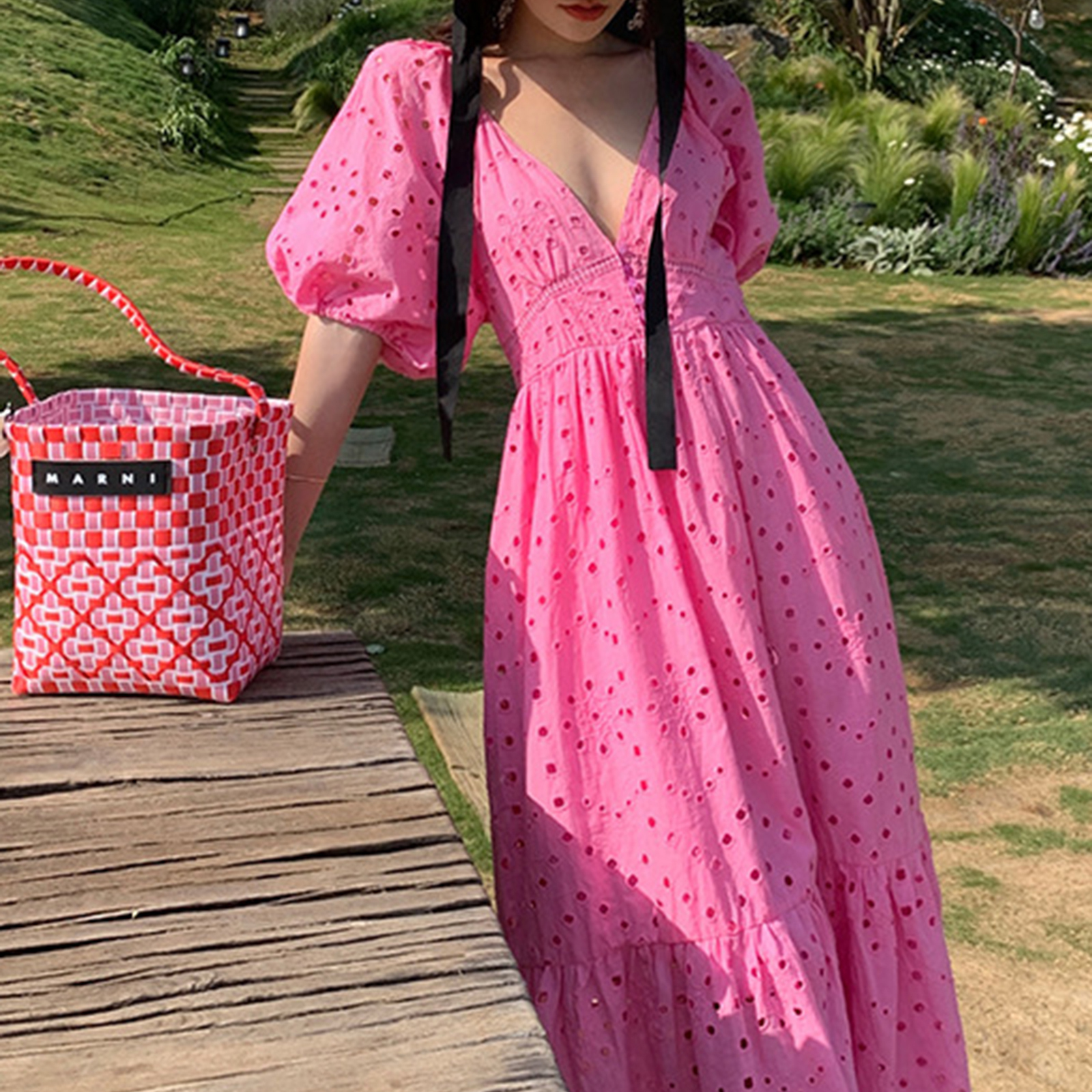 Hot Pink V Neck Balloon Sleeve Eyelet Maxi Dress-J.ING