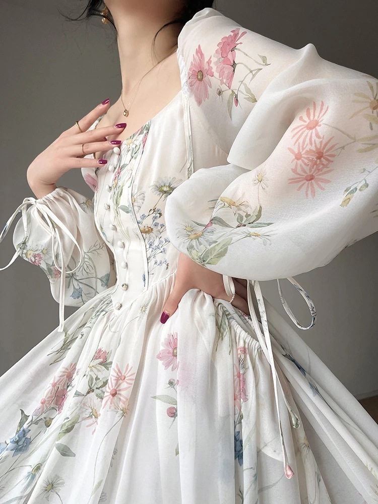 French Print Long-Sleeved Dress-J.ING
