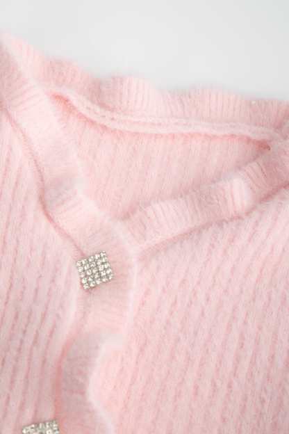 Pink Ruffle Trim Ribbed Knit Fitted Cardigan