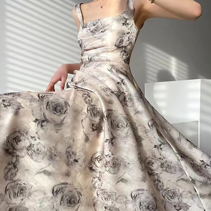 Square Neck Slip Beige A-Swing Print Midi Dress-J.ING