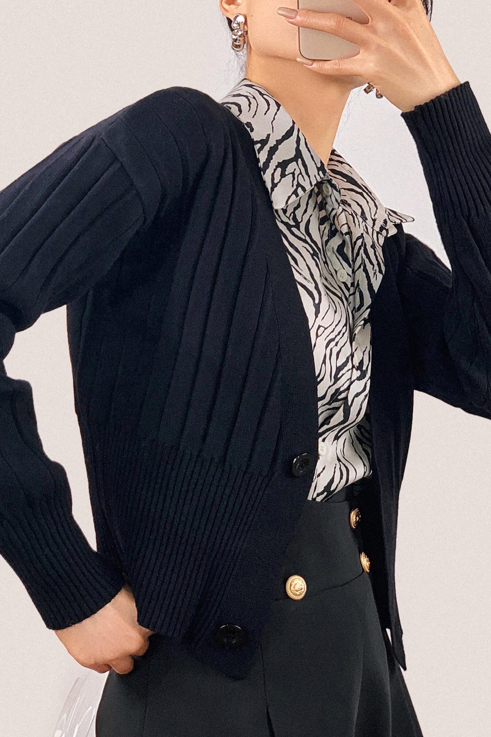 Black Plunge V-Neck Ribbed Knit Cardigan