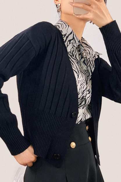 Black Plunge V-Neck Ribbed Knit Cardigan