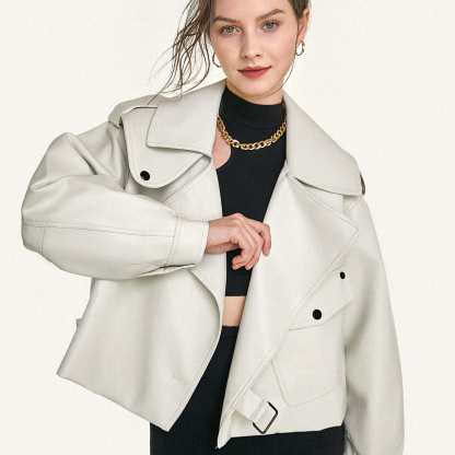 Beige Vegan Leather Pocket Detail Biker Jacket