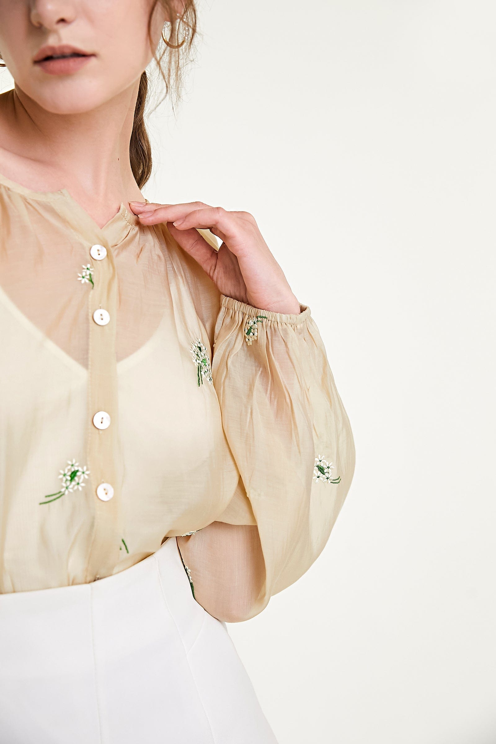 Beige Floral Embroidery Button Front Balloon Sleeve Blouse