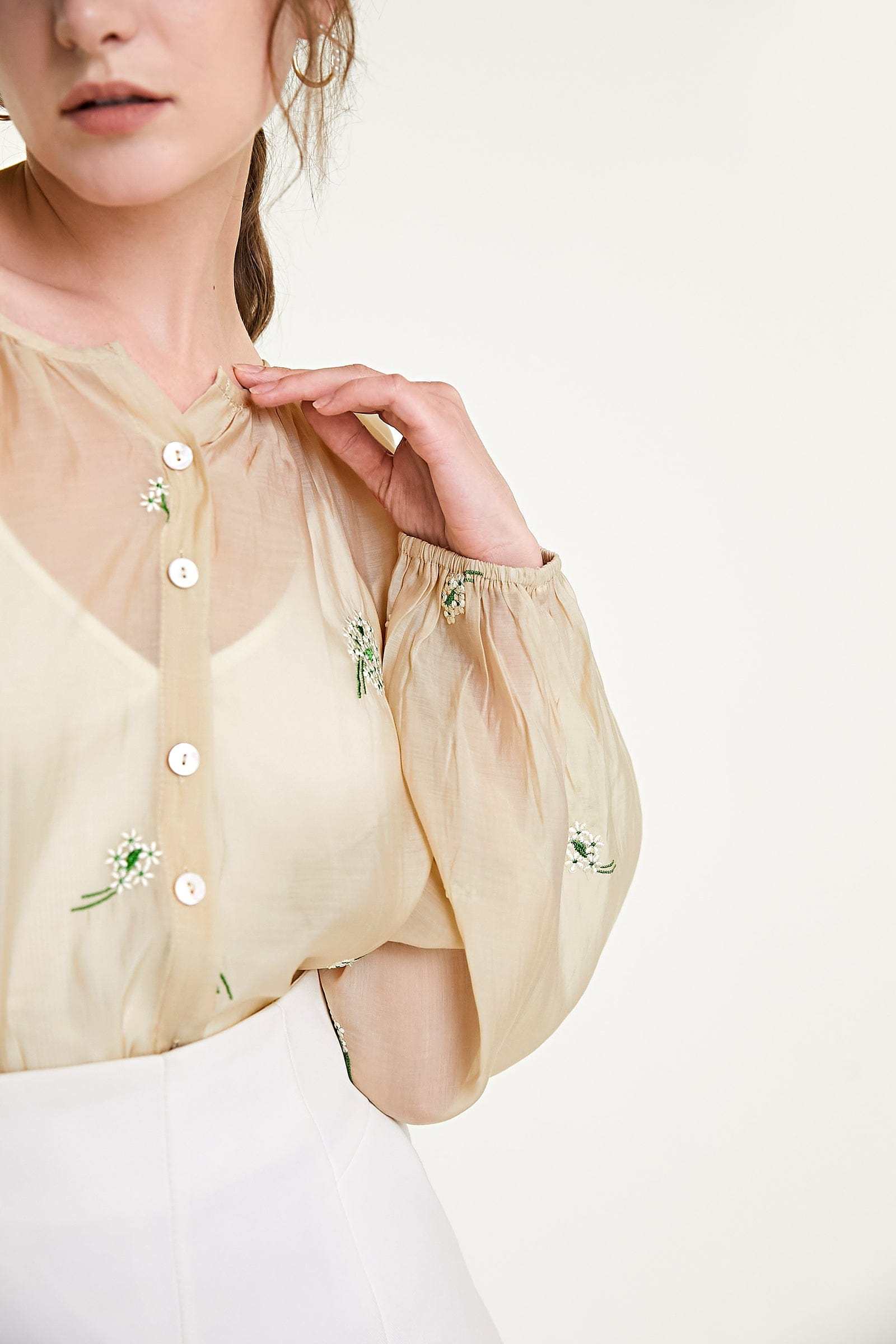 Beige Floral Embroidery Button Front Balloon Sleeve Blouse