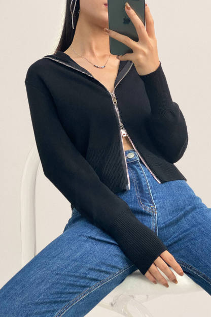 Black Wool-Blend Collared Zip-Up Cardigan