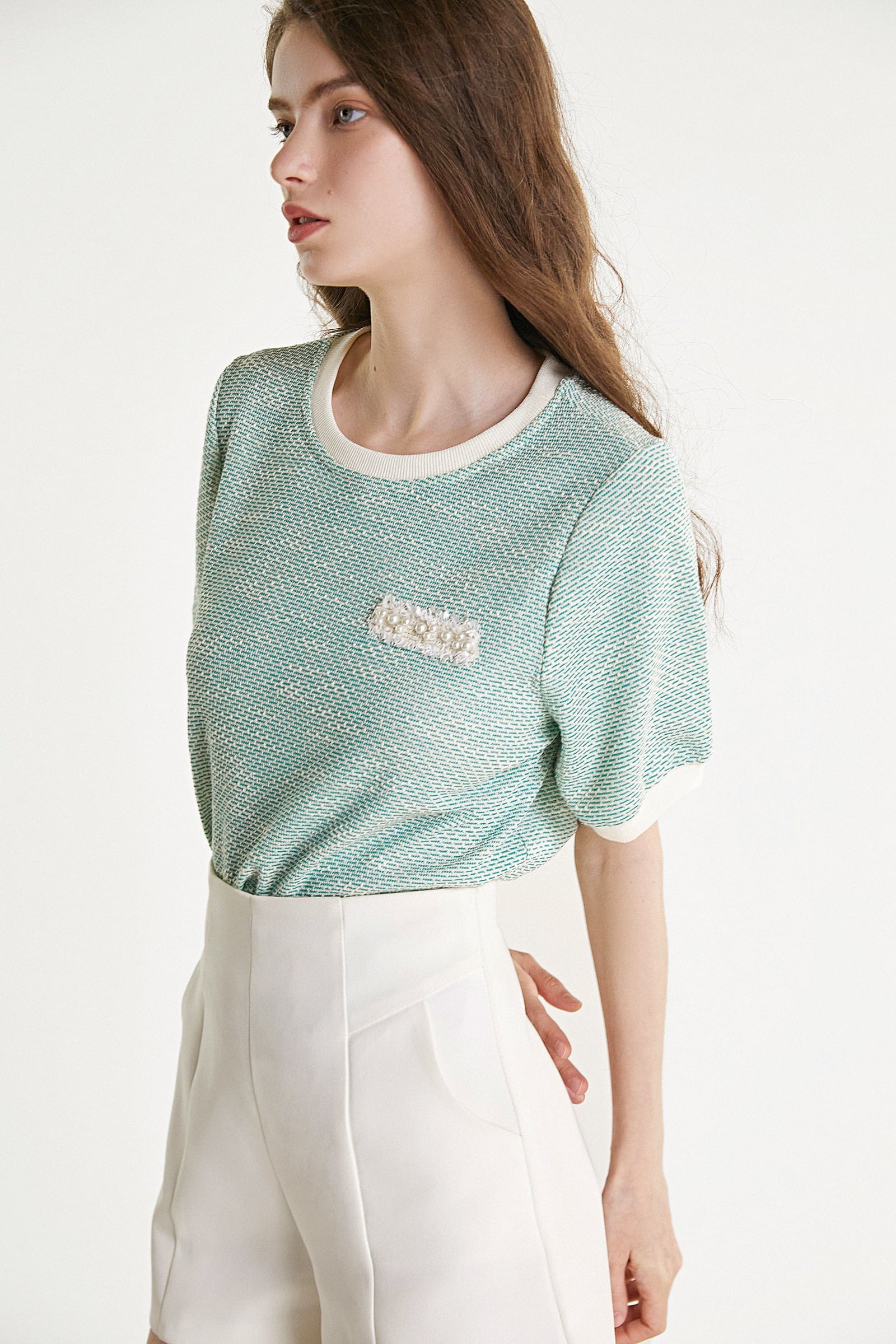 Light Green Textured Round Neck Contrast Trim Detail Blouse
