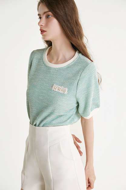 Light Green Textured Round Neck Contrast Trim Detail Blouse