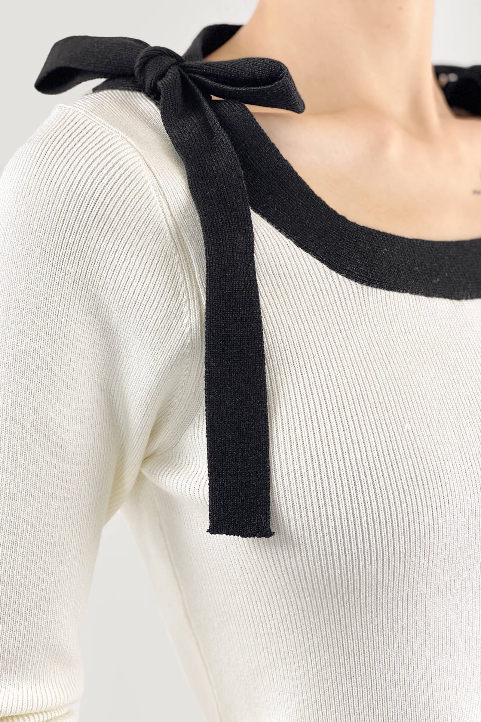 Beige Square Neck Tie Detail Sweater