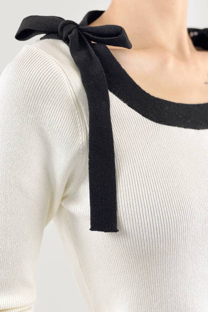 Beige Square Neck Tie Detail Sweater